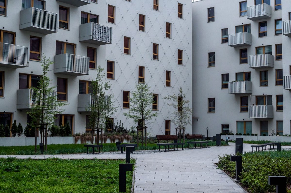 Apartment community grounds with pet waste station